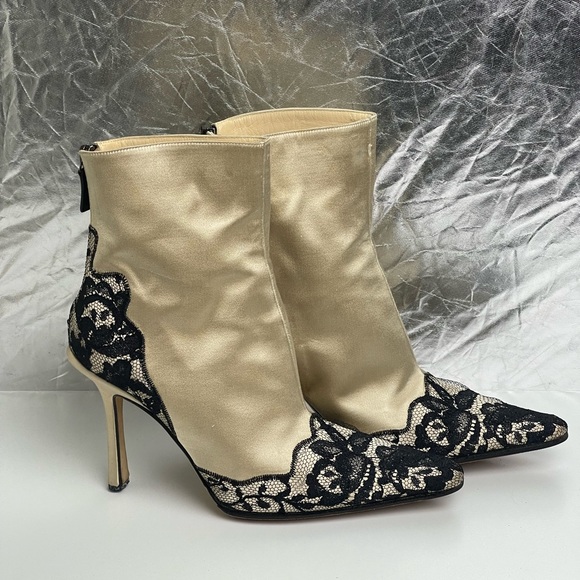 Pre-owned JIMMY CHOO Beige Satin Black Lace Detail Casual Boots - Picture 5 of 16